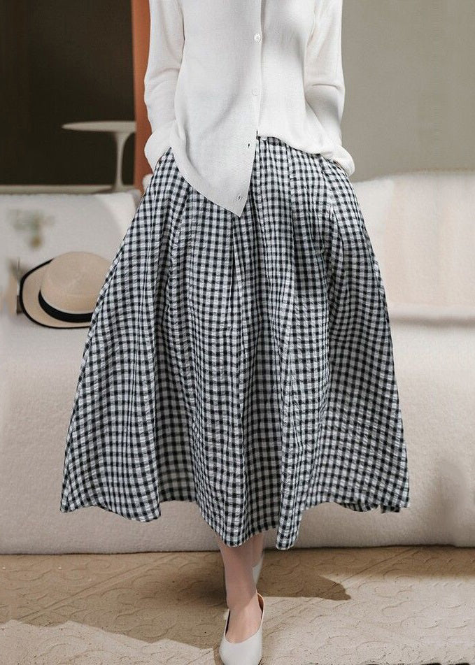 Loose Blue Plaid Pockets Elastic Waist Cotton Skirt Spring