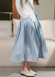 Loose Blue Plaid Pockets Elastic Waist Cotton Skirt Spring