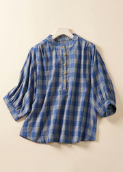 Loose Blue Plaid Stand Collar Cotton Blouses Bracelet Sleeve