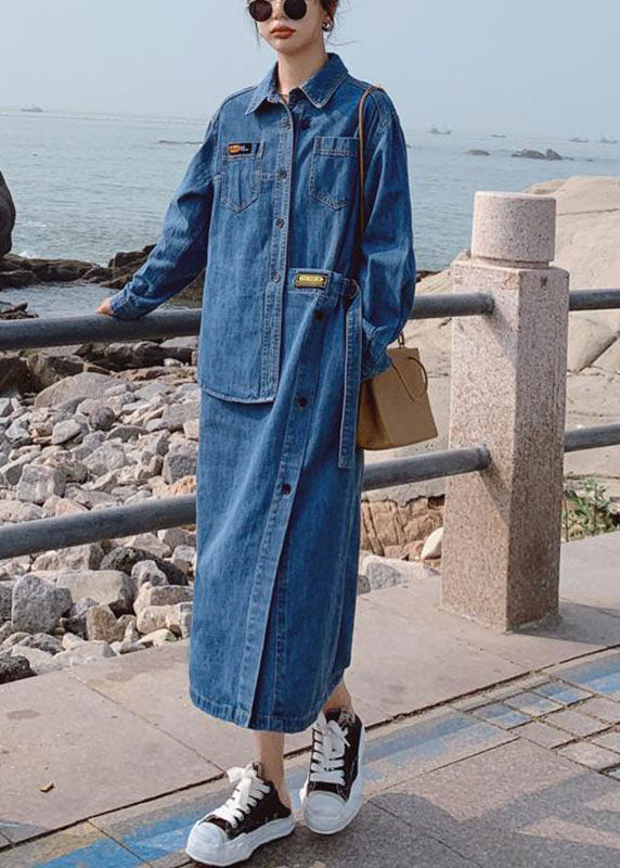 Loose Blue-love Pockets Button asymmetrical design Fall Denim Long sleeve Long Dress