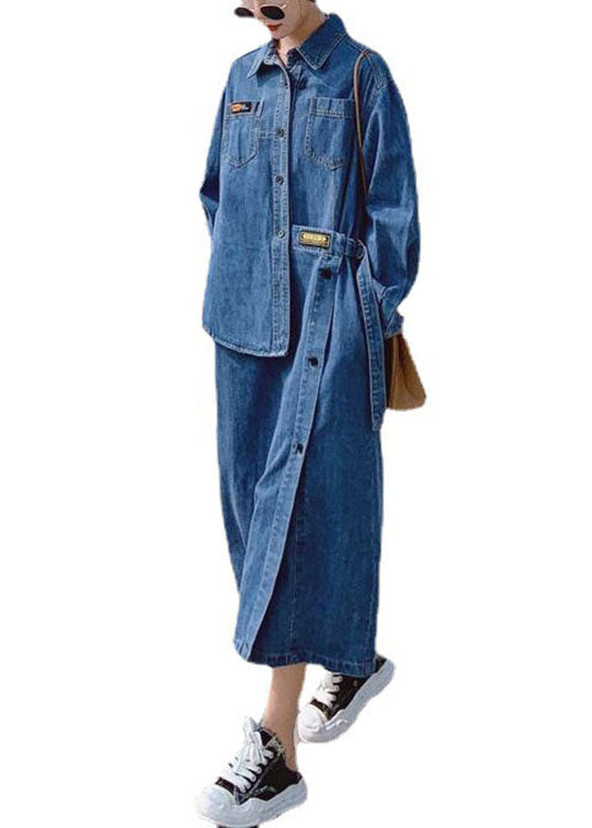 Loose Blue-love Pockets Button asymmetrical design Fall Denim Long sleeve Long Dress