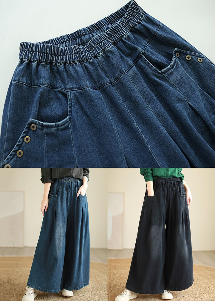 Loose Blue Pockets Elastic Waist Patchwork Denim Pants Fall