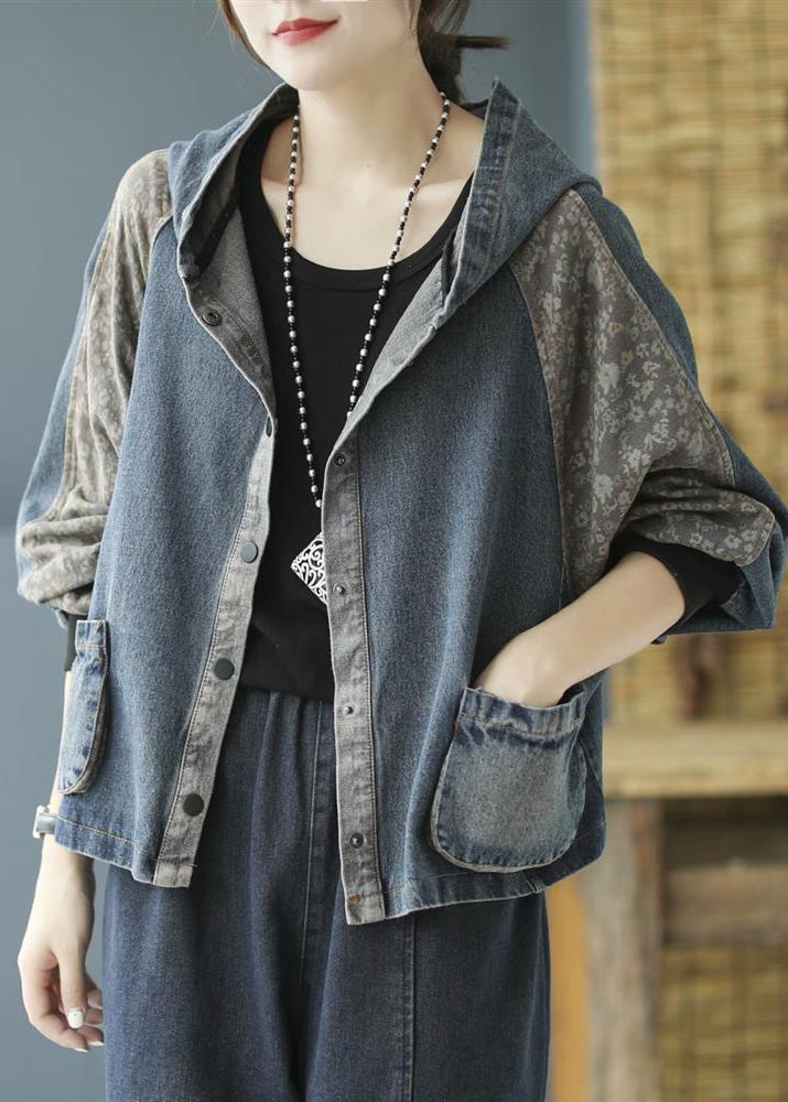 Loose Blue Pockets Print Hooded Denim Coat Long Sleeve