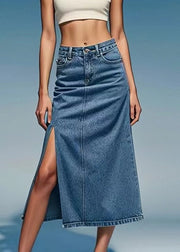 Loose Blue Pockets Side Open Denim Summer Skirts