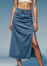 Loose Blue Pockets Side Open Denim Summer Skirts