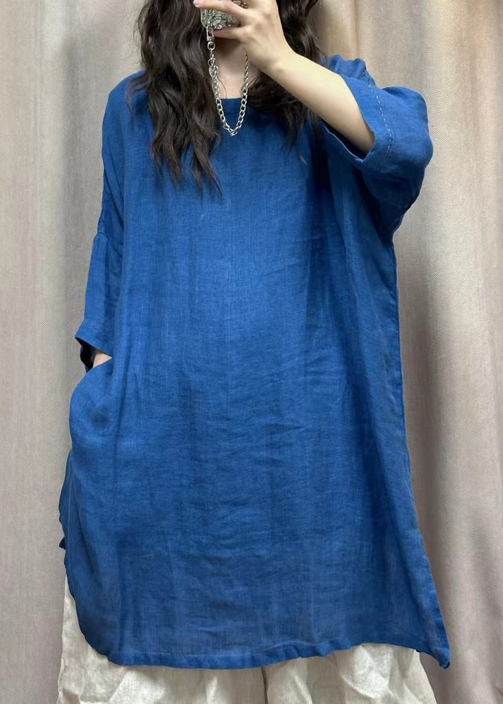 Loose Blue Pockets Side Open Linen Tops Bracelet Sleeve