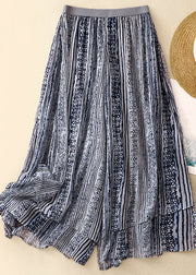 Loose Blue Print Elastic Waist Layered Silk Cotton Wide Leg Pants