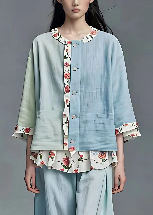 Loose Blue Print Patchwork Coats Long Sleeve