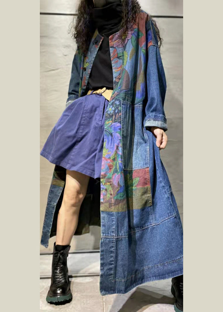 Loose Blue Print Pockets Denim Long Coat Long Sleeve