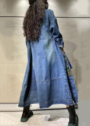 Loose Blue Print Pockets Denim Long Coat Long Sleeve