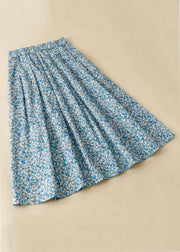 Loose Blue Print Pockets Elastic Waist Cotton Skirt Summer