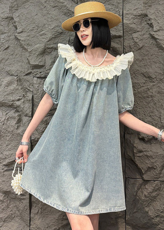 Loose Blue Ruffled Nail Bead Denim Mid Dress Summer