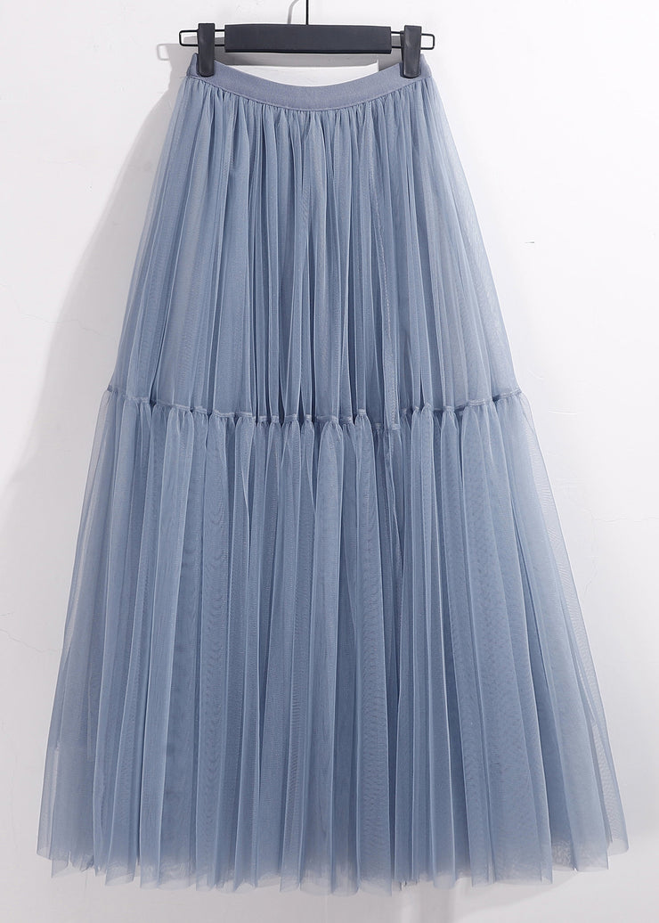 Loose Blue Solid High Waist Tulle Pleated Skirt