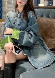 Loose Blue Stand Collar Button Pockets Denim Coats Long Sleeve