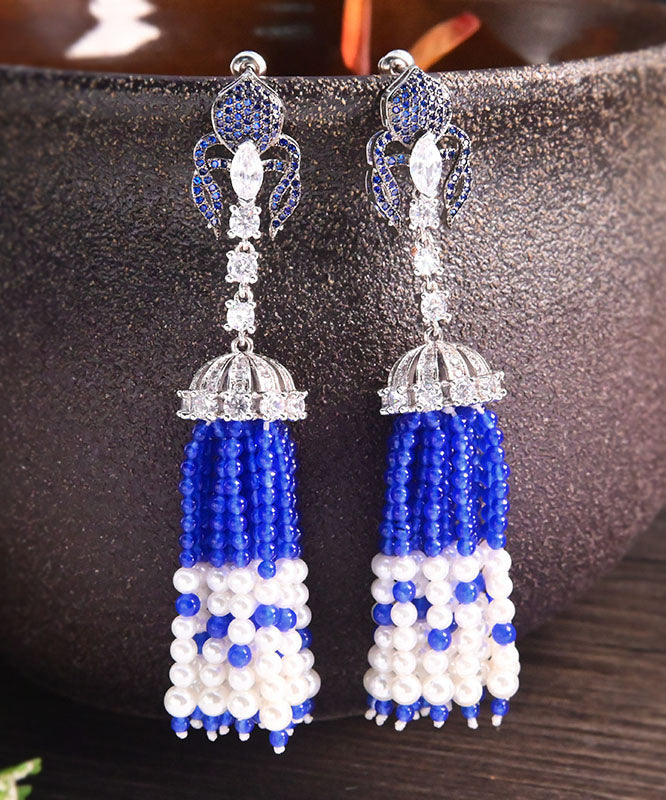 Loose Blue Sterling Silver Chalcedony Shell Tassel Drop Earrings