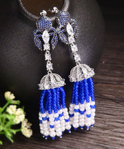 Loose Blue Sterling Silver Chalcedony Shell Tassel Drop Earrings