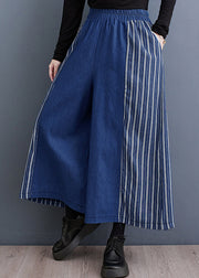 Loose Blue Striped Elastic Waist Denim Wide Leg Pants Fall