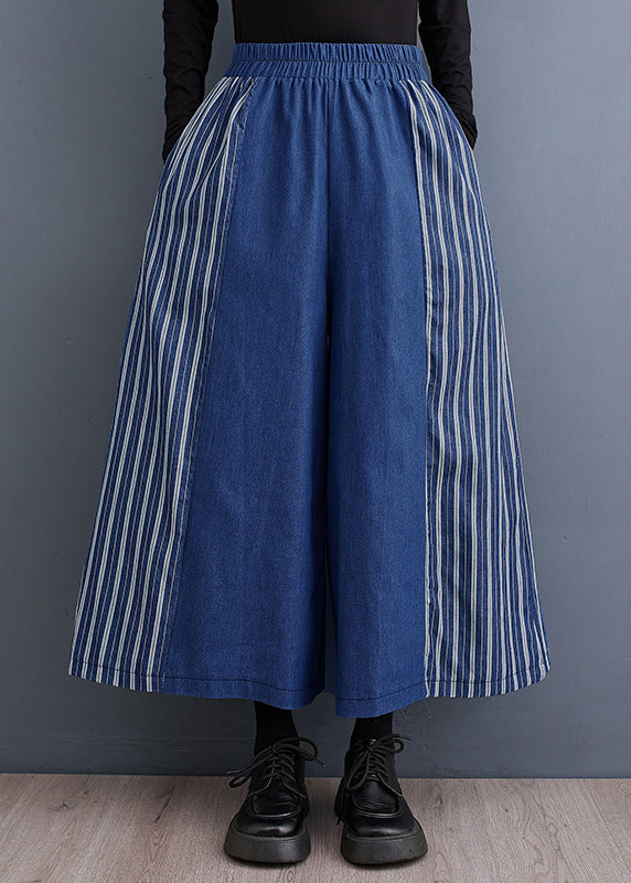 Loose Blue Striped Elastic Waist Denim Wide Leg Pants Fall