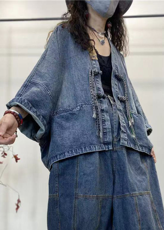 Loose Blue V Neck Button Patchwork Denim Coats Long Sleeve