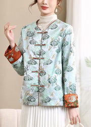 Loose Blue V Neck Button Print Silk Coats Spring