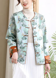 Loose Blue V Neck Button Print Silk Coats Spring