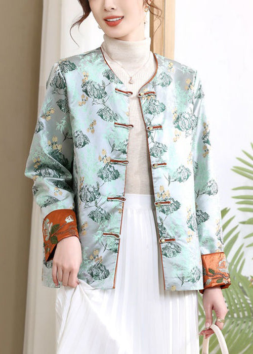 Loose Blue V Neck Button Print Silk Coats Spring