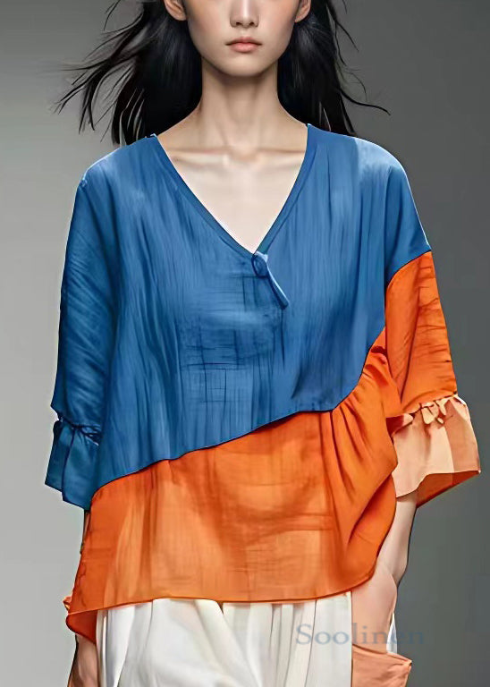 Loose Blue V Neck Patchwork Cotton Blouse Half Sleeve