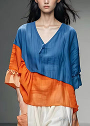 Loose Blue V Neck Patchwork Cotton Blouse Half Sleeve