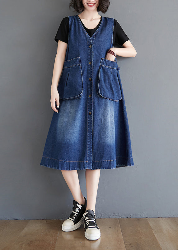 Loose Blue V Neck Pockets Patchwork Denim Waistcoat Dress Sleeveless