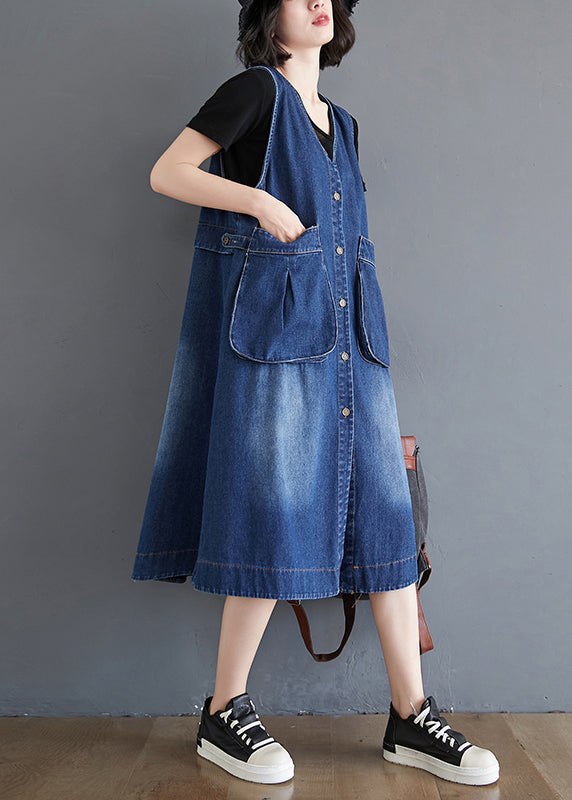 Loose Blue V Neck Pockets Patchwork Denim Waistcoat Dress Sleeveless