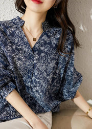 Loose Blue V Neck Print Chiffon Blouses Bracelet Sleeve