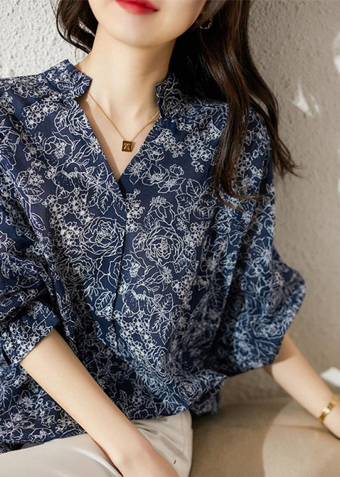 Loose Blue V Neck Print Chiffon Blouses Bracelet Sleeve