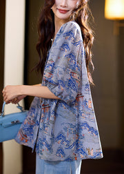 Loose Blue Wrinkled Button Print Chiffon Blouse Half Sleeve