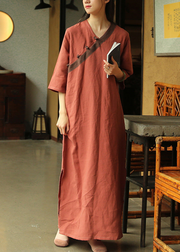 Loose Brick Red Button Side Open Patchwork Linen Dress Half Sleeve