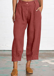 Loose Brick Red Pockets High Waist Cotton Crop Pants Summer