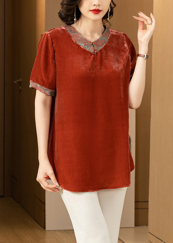 Loose Brick Red Print Patchwork Silk Velour T Shirt Summer