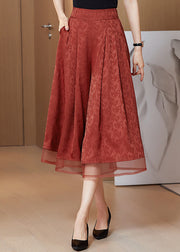 Loose Brick Red Print Pockets Silk Wide Leg Pants Skirt Summer