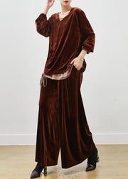 Loose Brown Cinched Patchwork Silk Velour Two Piece Suit Set Spring