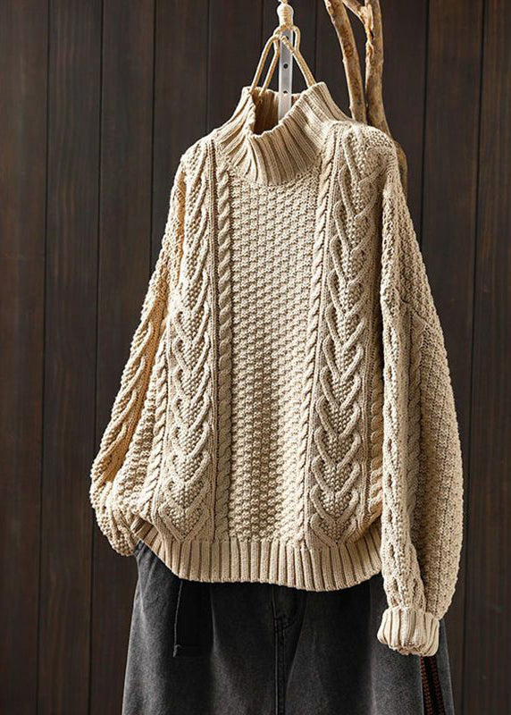 Loose Brown Half Hign Neck Cable Knitted Sweaters Spring