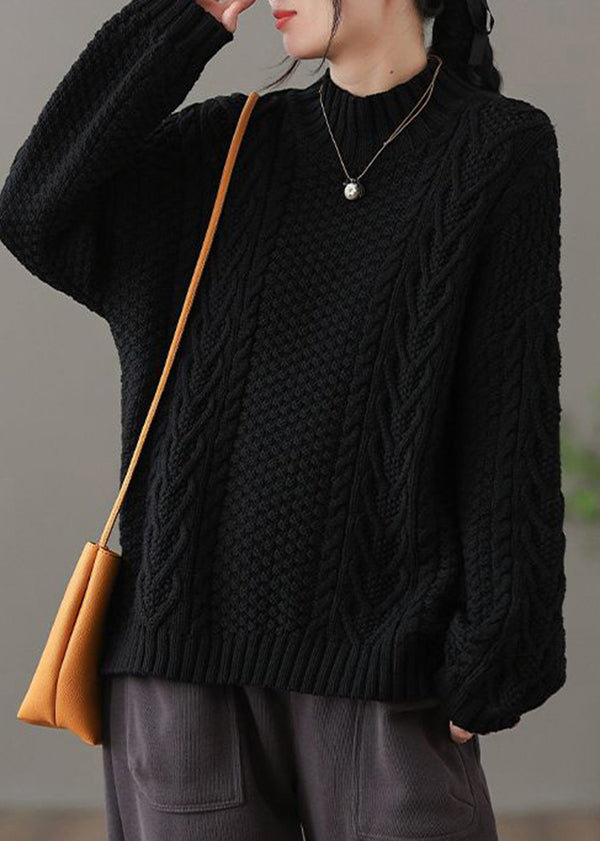 Loose Brown Half Hign Neck Cable Knitted Sweaters Spring