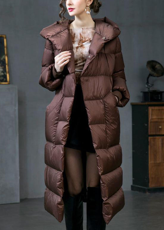 Loose Brown Hooded Pockets Duck Down Down Coat Winter