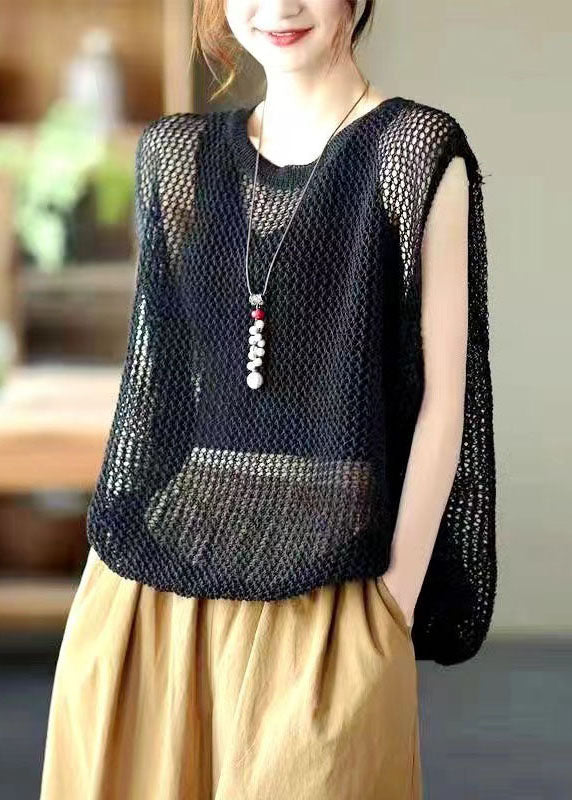 Loose Brown O Neck  Hollow Out Knit Vest Sleeveless