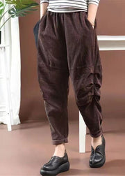 Loose Brown Pockets Wrinkled Elastic Waist Corduroy Pants Spring