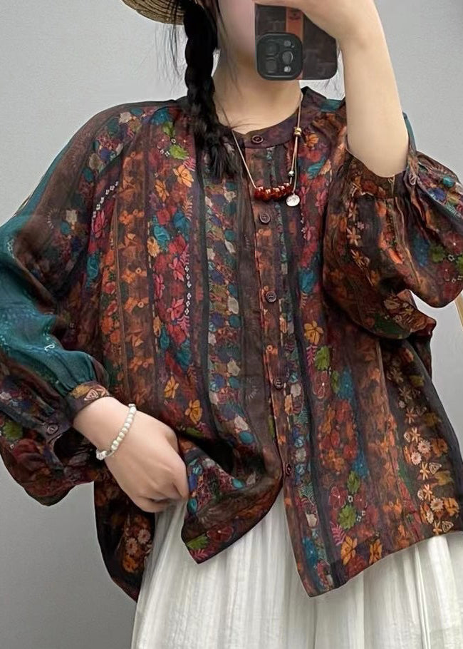 Loose Brown Print Button Linen Shirt Long Sleeve