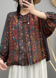 Loose Brown Print Button Linen Shirt Long Sleeve