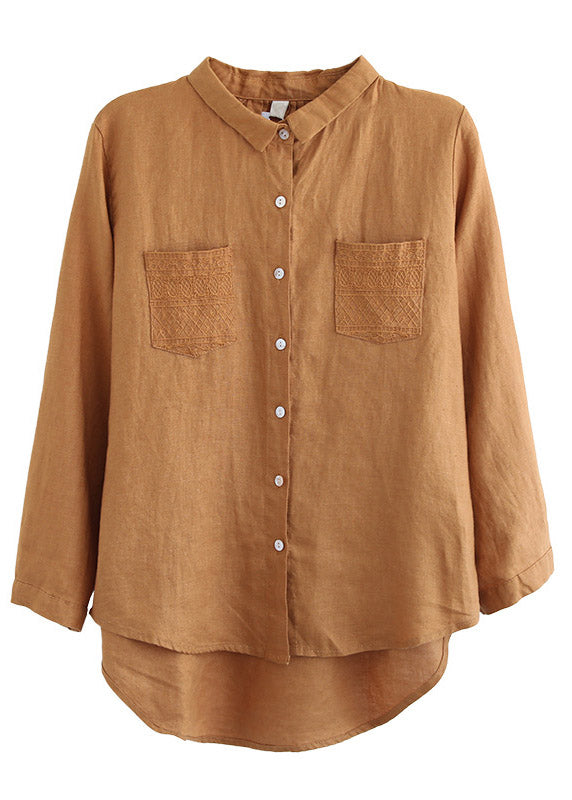 Loose Brown Yellowe Peter Pan Collar Embroideried Button Linen Shirt Long Sleeve