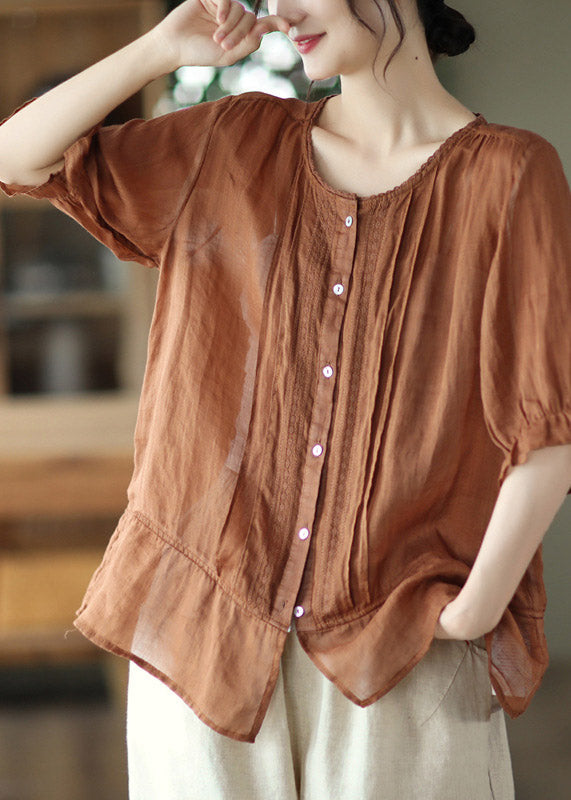 Loose Caramel O-Neck Embroideried Patchwork Linen Shirt Half Sleeve