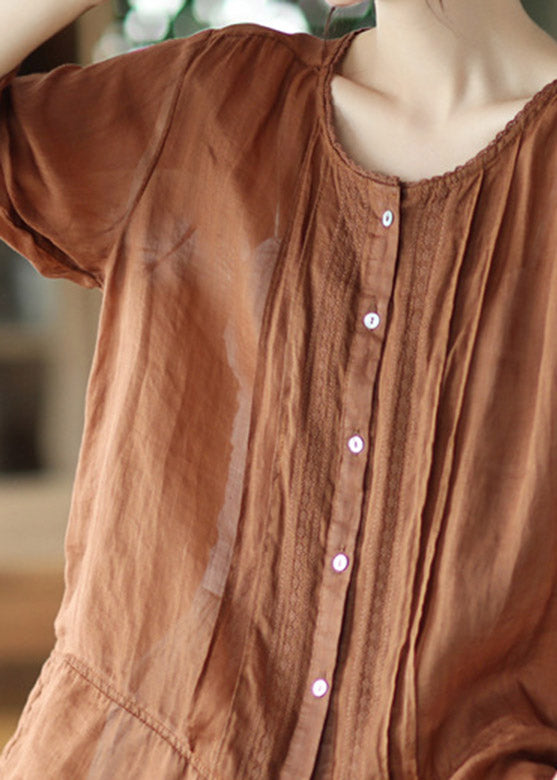 Loose Caramel O-Neck Embroideried Patchwork Linen Shirt Half Sleeve