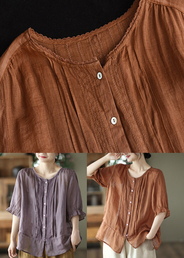 Loose Caramel O-Neck Embroideried Patchwork Linen Shirt Half Sleeve