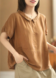 Loose Caramel Peter Pan Collar Solid Silk Cotton Tops Summer